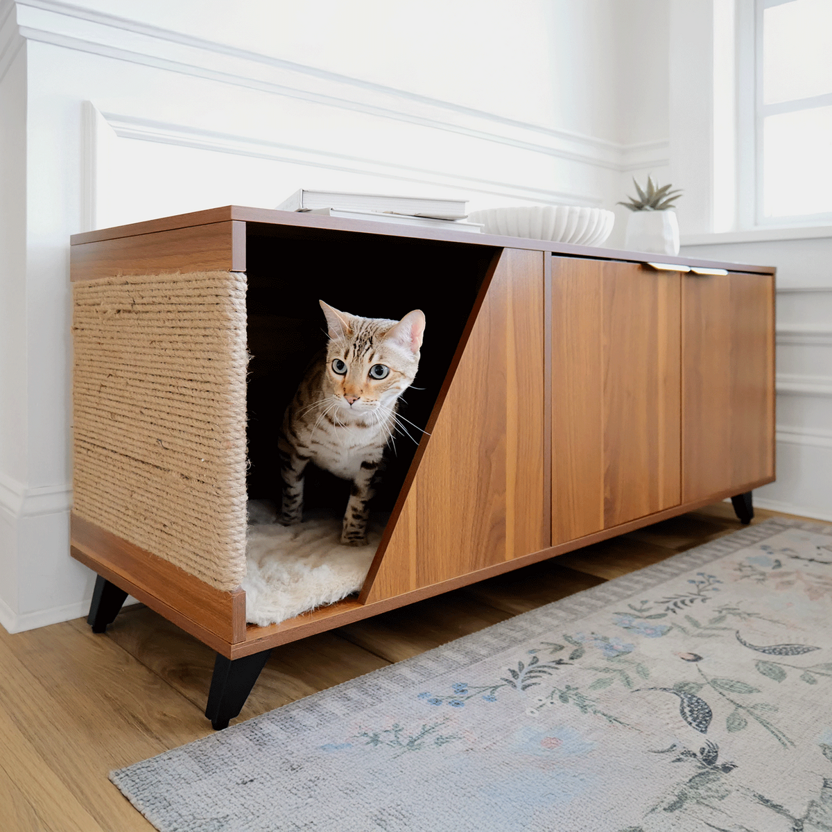 【4catsndogs】猫トイレ収納キャビネット （爪とぎ付き）JESSIE
