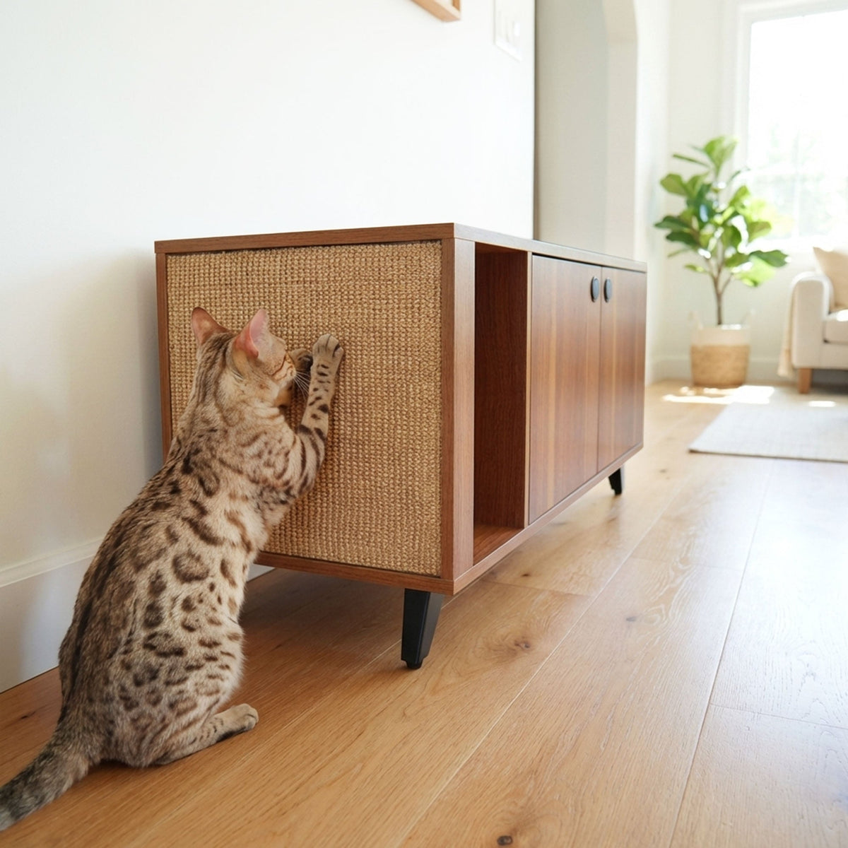 【4catsndogs】猫トイレ隠し家具 ローボード （収納スペース付き 爪とぎ付き） Shae